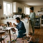 Father feeding baby in high chair, mother folding laundry, toddler playing with blocks