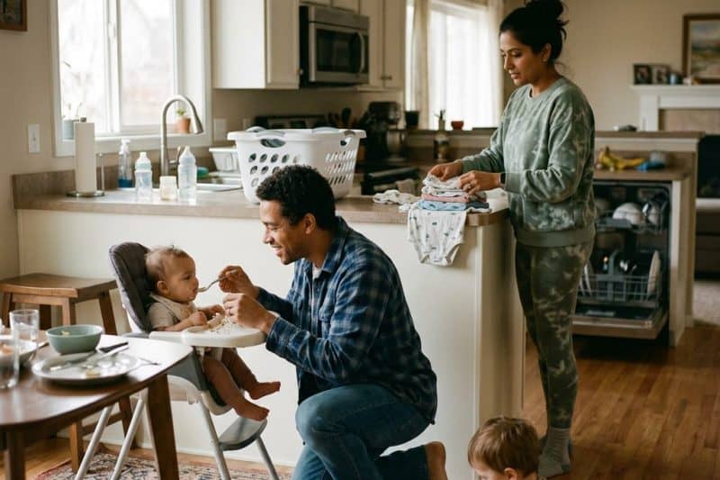 Father feeding baby in high chair, mother folding laundry, toddler playing with blocks